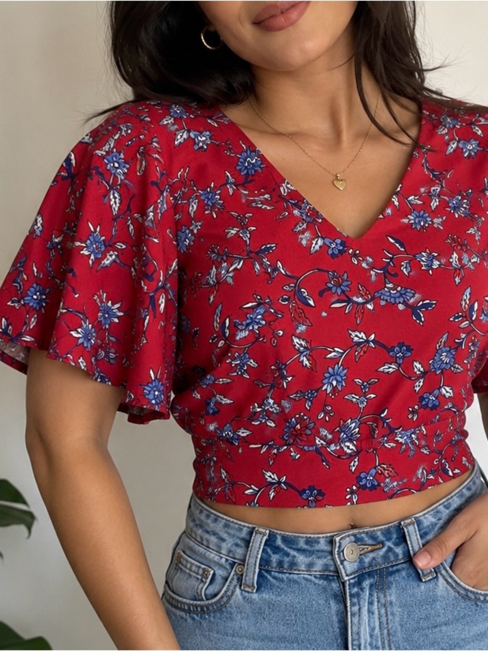 Red Floral Tie-Back Blouse with flutter sleeves  | Women’s Top